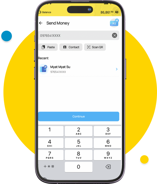 Choose the mobile number from the “Contact” or type the number which you would like to transfer the money, then tap “Continue” after verifying that your input number is correct or not.”