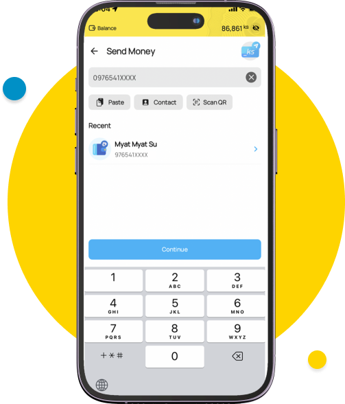 Choose the mobile number from the “Contact” or type the number which you would like to transfer the money, then tap “Continue” after verifying that your input number is correct or not.”